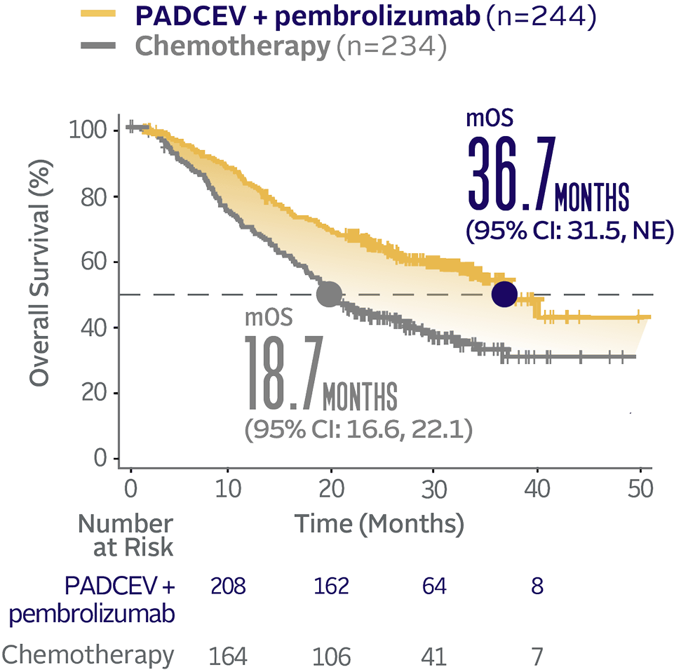Graph showing EV-302 Long-Term Follow-up Subgroup OS: CISPLATIN ELIGIBLE 36.7 months median overall survival with PADCEV + pembrolizumab and 18.7 months median overall survival with chemotherapy